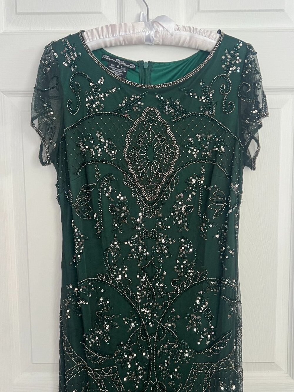 Pisarro Nights Beaded Illusion Emerald Green Gown Dress
